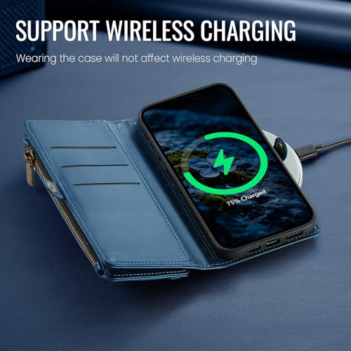 Defencase for iPhone 16 Pro Max Wallet Case with RFID Card Holder, DarkBlue | Durable Soft PU Leather, with Zipper Pocket, Wrist Strap, Fashion Snap Flip Phone Cases Cover with Stand for Women and Men - color: Dark Blue