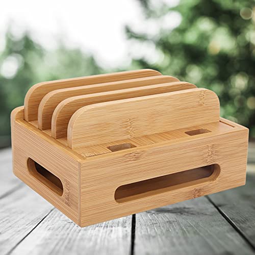 Socobeta Bamboo Multidevice Stand Holder, Large Space Charging Station Organizer for Phone Tablet with Cord Management