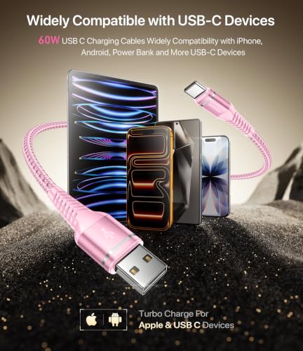USB A to USB C Cable 3A Fast Charging 10FT, 2Pack USB to USBC Cable for - color: Pink, size: 10FT, style: 60W USB A to USB C