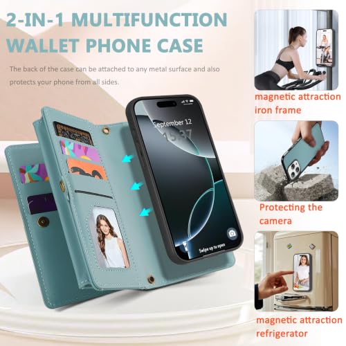 for iPhone 16 Pro Max Wallet Case, Detachable Magnetic Shockproof Phone Case,Faux Leather Crossbody Wallet,with RFID Blocking,Zipper Card Holder,Shoulder Strap (Blue) - color: Blue, size: iPhone 16 Pro Max