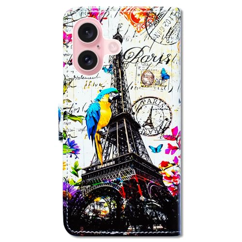Bcov Case for iPhone 16,Paris Eiffel Tower Postcard Bird Multifunction Leather Phone Case Wallet Flip Cover with Multi Card Slots Pocket Wrist Strap for Apple iPhone 16 - color: Paris Eiffel Tower Postcard Bird