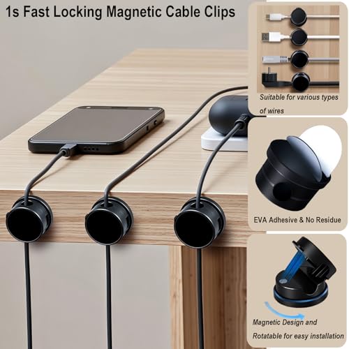 Cell Phone Stand Desktop and Magnetic Cable Clips Set, Foldable & Height Adjustable Phone Holder and Adhesive Wire Holder Keeper Organizer Compatible with All Phones
