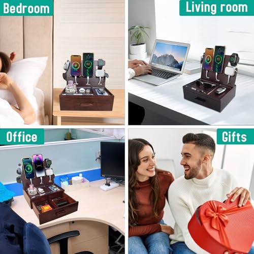 Nightstand Organizer with Drawer Built in 4 USB Quick Charger, Wood Phone Docking Station with Dual Phone Charging Station for Apple Android Phones Anniversary Birthday Gifts for Men Dad Hunsband Mom