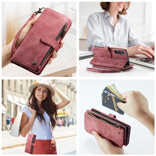 Samsung Galaxy S24+ Plus 5G Wallet Case with Card Holder Kickstand Magnetic Zipper Pocket Lanyard Strap Wristlet,Leather Flip Case Wallet for Samsung Galaxy S24+ Plus 5G 6.7 Inch (Red) - color: Red, size: S24+ Plus 6.7 Inch