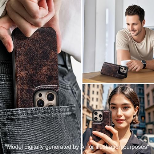 Wallet Real Leather Case Compatible with iPhone 15 Pro 6.1" | Genuine Leather,Shockproof, Anti-Fall Case,Flip Cover,with Card Slot,Double Magnetic Buckle,Kickstand,RFID Blocking Coffee - color: Brown Coffee, size: 6.1"-15 Pro