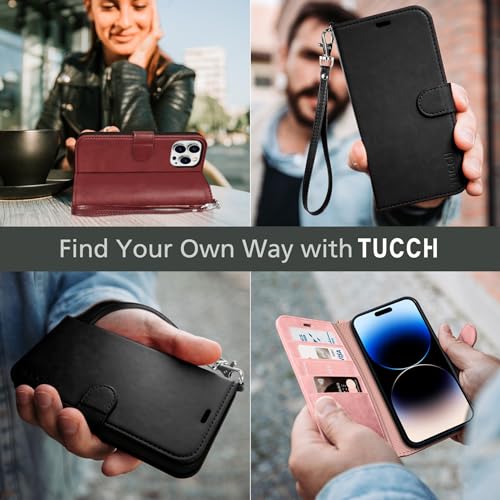 TUCCH Wallet Case with Wrist Strap for iPhone 14 Pro (6.1") 2022, Rose Gold | 4 Card Holders, RFID Blocking, Viewing Stand, Shockproof TPU Shell, PU Leather, Magnetic Closure, Folio Flip Cover - color: Strap - Rose Gold