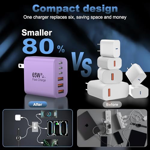 65W USB C Charger Block,6-Port Multi Device Fast Charger PD QC Wall Adapter - color: Purple, size: 65w