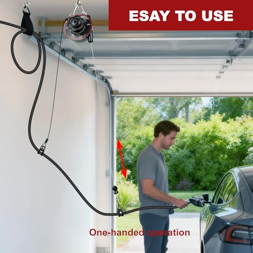 EV Charger Cable Retractor, Universal EV Charger Retractable Cable Management System, Garage Charging Cable Organizer for All Level 2 Chargers-Mounts to Ceiling and Wall