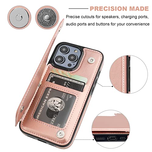 ONETOP for iPhone 14 Pro Wallet Case with Credit Card Holder,Rosegold | Kickstand,ID/Cash Holder,Case Wallet with Card Slots,Double Magnetic Clasp,Durable PU Leather Shockproof Cover for Women Men - color: Rose Gold