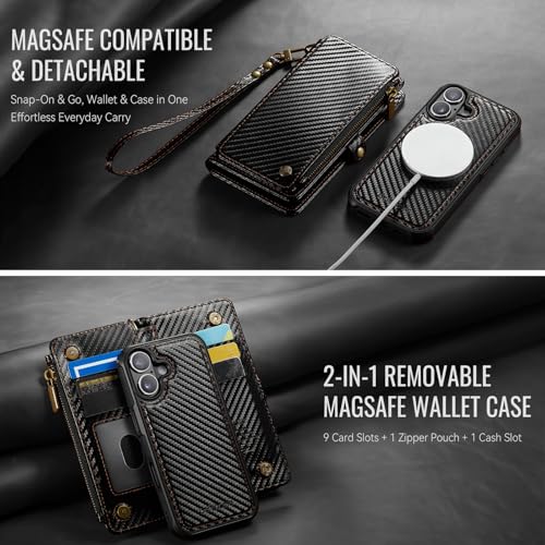 Defencase for iPhone 17 Phone Case Wallet Compatible with Magsafe, C-Black | Magnetic Detachable, Drop-Proof Protective Wallet Cases Cover, with RFID Bolcking Card Holder, Zipper Strap, Soft PU Leather - color: (Detachable with Magsafe)-Carbon Fiber Black