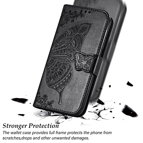 for Samsung Galaxy A17 5G Phone Case Wallet,Black | Butterfly Embossed PU Leather, Credit Card Holders, Wrist Strap, Magnetic Closure, Flip Protective Purse Cover for Women Men - color: Black