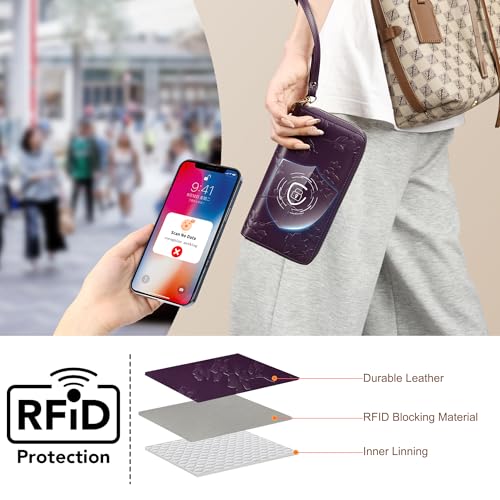 yiijay Womens Wallet RFID Blocking Large Capacity Vegan Leather Double Zip Wristlet Wallet Card Holder Travel Ladies Clutch - color: Dark Purple