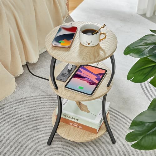 YEAKOO Small Side Table with Charging Station,3-Tier Round end Table - color: Oak, style: USB Charger