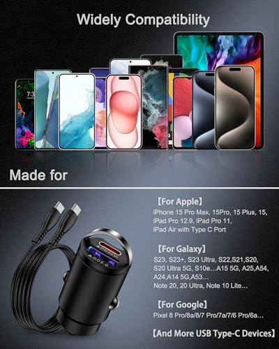 AILKIN iPhone 16 15Pro Max Car Charger USB C for Automobile Cigarette Lighter Adapter USB-C, 30w Super Fast USBC Car Charger with Pd C to C Cable Charging for Apple & Android Samsung Galaxy A15 5G S24