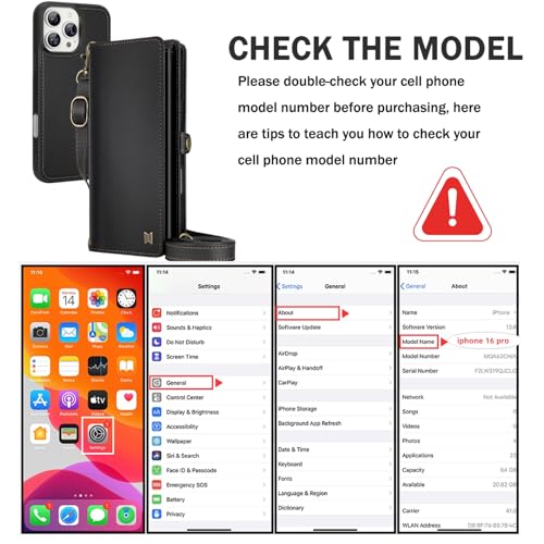 for Wallet Case Compatible with iPhone 16 Pro,Multi-Function Detachable 2 in 1 Magnetic iPhone 16 Pro Case Wallet,Flip Strap Zipper Card Holder Phone Case with Shoulder Straps (Black) - color: Black, size: iPhone 16 pro