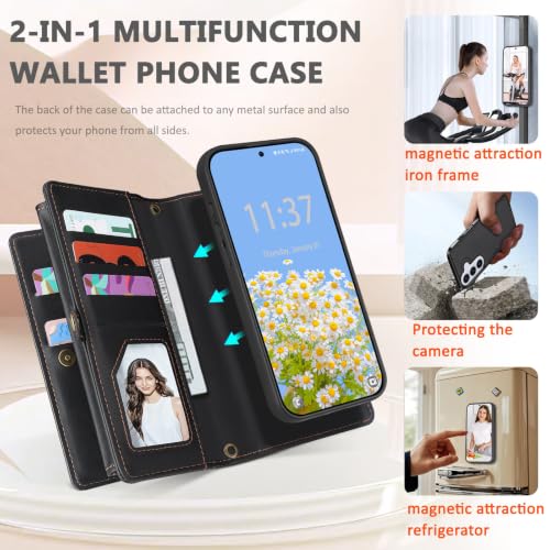 for Samsumg Galaxy S26 Wallet Case, Detachable Magnetic Phone Case,Faux Leather Strap Wallet,with RFID Blocking,Zipper Card Holder,Shoulder Straps (Black) - color: Black, size: Samsumg Galaxy S26