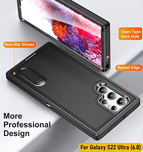 Case is Specially Designed for Galaxy S22 Ultra 6.8 Inch, Full Body Protection Heavy Duty Shock Absorbing 3 in 1 Silicone Rubber Built-in Stand with 1 Tempered Screen Protectors-Black - color: Black