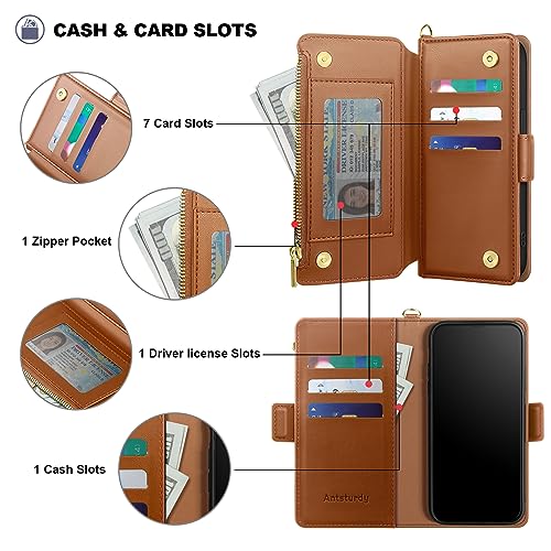 Antsturdy for iPhone 14 Pro Phone Wallet Case Women,Light Brown | RFID Blocking,with Credit Card Holder Slots,PU Leather Purse,Zipper Pocket,Wrist Strap Kickstand,Flip Folio Cover for Men - color: Light Brown