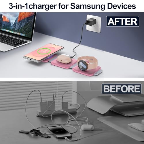 Foldable 3 in 1 Wireless Charger for Samsung Multiple Devices, Travel Wireless Charging Station/Stand for Galaxy S25 Ultra/S24/Z Fold Flip 6/5, Charger Dock Stand for Samsung Watch 7, Buds Pro3(Pink)