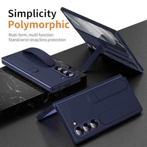 for Samsung Galaxy Z Fold 6 Protect Case with Wristband Stand,Bulit-in Screen & Lens Protection Shockproof Full Body Drop Fall Protection.(Blue) - color: Blue