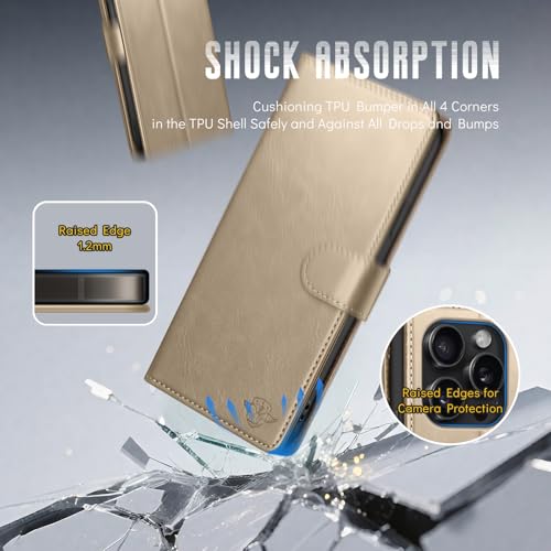 Wallet Case for iPhone 15 Pro Max 6.7", Golden | RFID-Blocking Card Holder, Kickstand, Magnetic Closure, PU Leather Folio Flip Cover, Protective Women Men Cases - color: Golden, size: iPhone 15 Pro Max