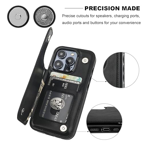 ONETOP for iPhone 15 Pro Wallet Case with Credit Card Holder,Black | Kickstand,ID/Cash Holder,Case Wallet with Card Slots,Double Magnetic Clasp,Durable PU Leather Shockproof Cover for Women Men - color: Black