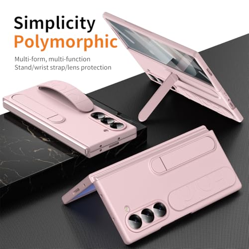 for Samsung Galaxy Z Fold 6 Protect Case with Wristband Stand,Bulit-in Screen & Lens Protection Shockproof Full Body Drop Fall Protection.(Pink) - color: Pink