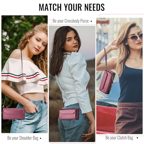 Strapurs Crossbody Wallet Case Compatible with Samsung Galaxy Z Fold 6 with RFID Blocking Card Holder & Pen Holder Slot Soft PU Leather Shoulder Strap Zipper Pocket Purse Fold 6 Phone Case, Wine Red | RFID Blocking 5-Card Holder, Shoulder Lanyard, Wirst S