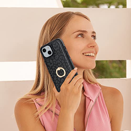 HAOPINSH for iPhone 13/ iPhone 14 Wallet Case with Card Holder, 360°Rotation Ring Kickstand, Black Leopard Cheetah Pattern, RFID Blocking Leather for Girls Women, Double Buttons Flip 6.1" - color: Black Leopard