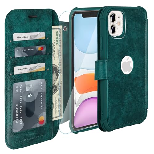VANAVAGY Wallet Case for iPhone 11 6.1 inch, Midnight Green | 12ft Drop-proof Cover for Women Men, Silm PU Leather, RFID Blocking Card Holder, Wrist Strap, Screen Protector - color: Midnight Green