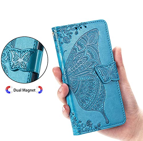 for iPhone 12 Pro/iPhone 12 Wallet Case,Women Flip Folio Cover with Butterfly Embossed PU Leather Kickstand Credit Card Holder Slots Wrist Strap for iPhone 12/12 Pro 6.1 inch (Blue) - color: Blue