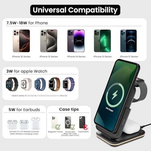 SUPERV 4 in 1 Wireless Charging Station: 5000mAh Removable Power Bank Foldable Charging Stand - Portable Magnetic Battery Pack for iPhone 17/16/15/14/13/12 Series and Apple Watch/AirPods (Black) - color: 4-in-1 Black