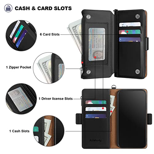 Antsturdy for iPhone 14 Phone Wallet Case Women,Black | Shockproof RFID Blocking PU Leather Flip Cover Kickstand Zipper Card Holder Slots with Wrist Strap - color: Black