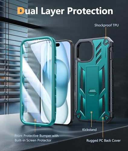 FNTCASE for iPhone 15/14/13 Case, Built-in Screen Protector, Kickstand | 20FT Military-Grade Drop Protection, Anti-Slip Matte Textured, Rugged Heavy Duty Shockproof Protective Phone Cover, Green - color: Green