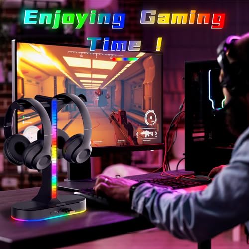 Dual Headphones Stand with Charger for Men, Headset Holder Stand for Desk - color: Black