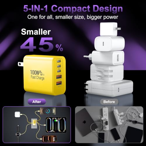 USB C Super Fast Charger Block, 100W USBC Charging Block Wall Plug Adapter - color: Yellow