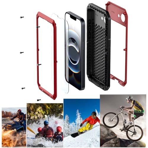 for iPhone 16E Metal Case,Heavy Duty Shockproof Aluminum Alloy Tough Armour Military Grade Phone Case for iPhone 17E,Full Body Protective Cover with Silicone Built-in Screen Protector-Red - color: Red