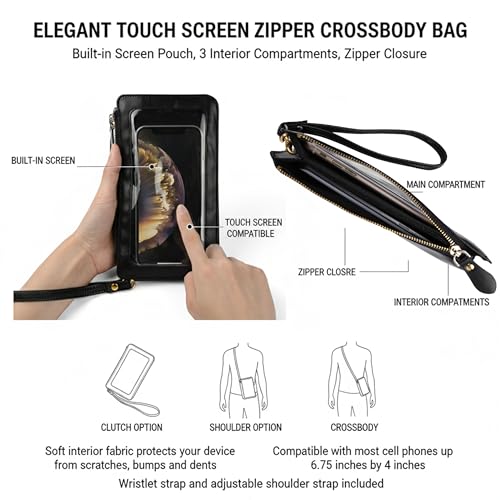 Water Resistant Touch Screen Wristlet and Crossbody Phone Bag - Clear Window Purse Compatible with iPhone 17 Plus 16 Pro Galaxy S25 S24 and Smartphones up to 6.75 Inch