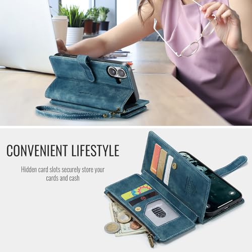 Compatible with iPhone 17 Wallet Case with Card Holder Kickstand Magnetic Zipper Pocket Lanyard Strap Wristlet,Leather Flip Case Wallet for iPhone 17 6.3 Inch (Blue) - color: Blue, size: iPhone 17 6.3 Inch
