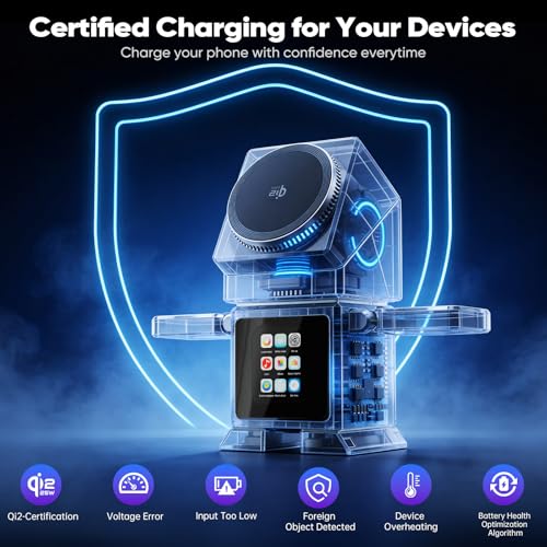 7-in-1 Robot Wireless Charging Station, Qi2.2 25W Magnetic Wireless Charger for iPhone 18-12 Series, AirPods & iWatch, Auto-Rotating Stand, Bluetooth Speaker & 2" Smart Display, 45W Adapter Included - color: Silver-T6D