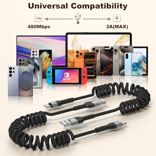 Coiled USB A to USB C Cable, 3FT USB C Cable,Black Charger Cord - color: Black