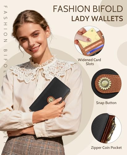 GIANCOMICS Black Caramel Womens Wallet RFID, Long Credit Card Holder Bifold | Billfold, Cute Cash Purse, Travel Zipper Coin Pocket, Compact Clutch, PU Leather, ID Window, 11 Card Slots, Ladies Gift Woman - color: A Black and Pumpkin