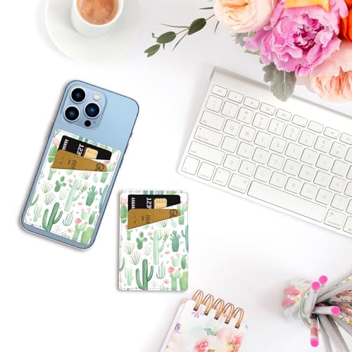 CREATCABIN Cactus Phone Card Holder Leather Cell Phone Wallet Stick on Adhesive Credit Card Holder Slim Double Pocket Sticker for Back of Phone Case Compatible with Most Phones 3.7 x 2.5 Inch - style: Cactus