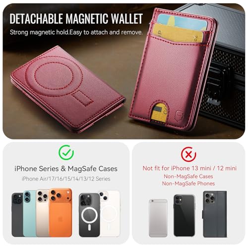 Strapurs Strong Magnetic Wallet Card Holder for MagSafe Phones and Cases, Slim PU Leather Detachable Phone Wallet with 6 Card Slots RFID Blocking for iPhone 17/16/15/14/13/12/Pro/Max/Plus – Wine Red - color: Wine Red
