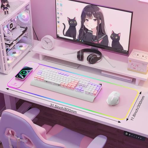 TARKARI 15W Magnetic Wireless Charging RGB Mouse Pad, 800x300mm Pink - color: Pink