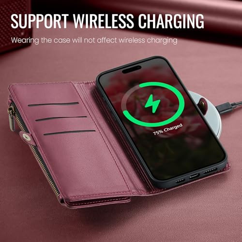 Defencase for iPhone 14 Plus Wallet Case with RFID Card Holder, Wine Red | Durable Soft PU Leather, with Zipper Pocket, Wrist Strap, Fashion Snap Flip Phone Cases Cover with Stand for Women and Men - color: Wine Red