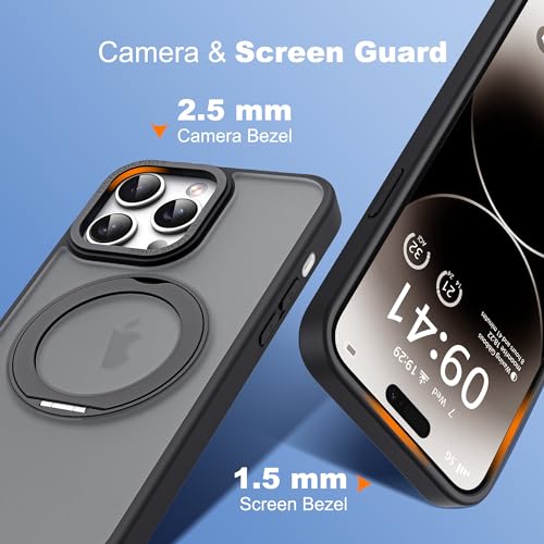 for iPhone 14 Pro Max Case with 360° Spin Magnetic Stand,Black | iPhone 14 Pro Max Phone Case 6.7",Spin Magnetic Ring Stand,Compatible with MagSafe,Military Protection,Translucent Matte - color: Black, size: iPhone 14 Pro Max