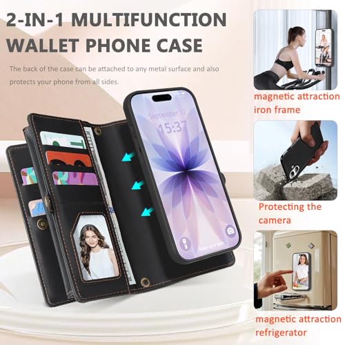 for iPhone 17 Wallet Case, Detachable Magnetic Phone Case,Faux Leather Strap Wallet,with RFID Blocking,Zipper Card Holder,Shoulder Straps(Black) - color: Black, size: iPhone 17