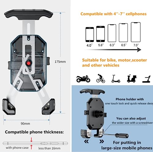 Kewig Bike Phone Mount Holder One Hand Operation Motorcycle Phone Mount - color: Silver