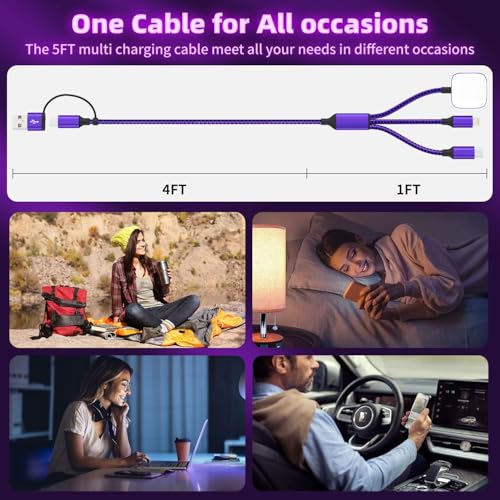 Travel Essentials 3in2 Multi Charging Cable for Apple Watch Charger,2PC 5FT - color: Dark Purple, size: AC to C+L+iWatch